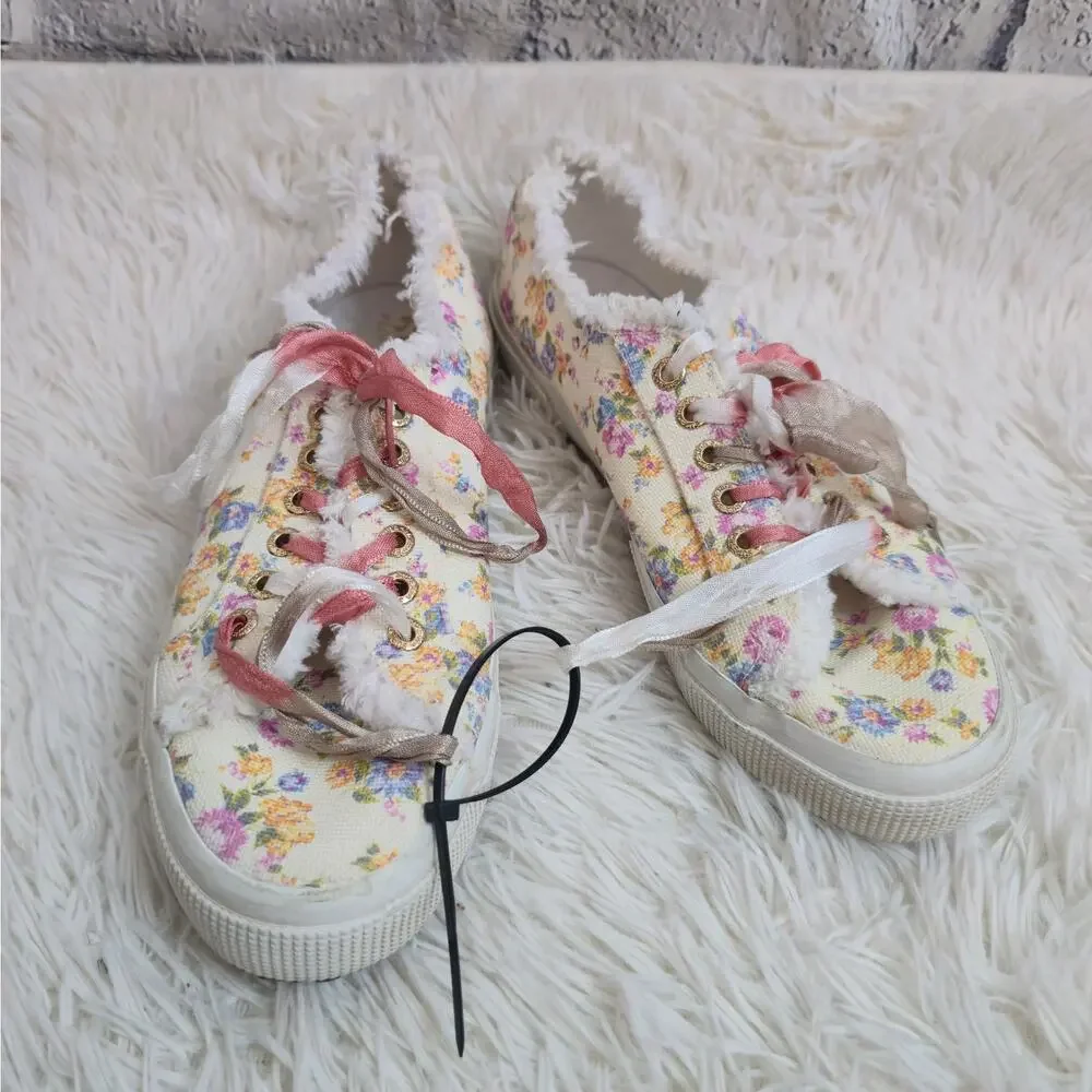 Superga X LoveShackFancy Cream Floral Coquette Canvas Fringe Sneakers